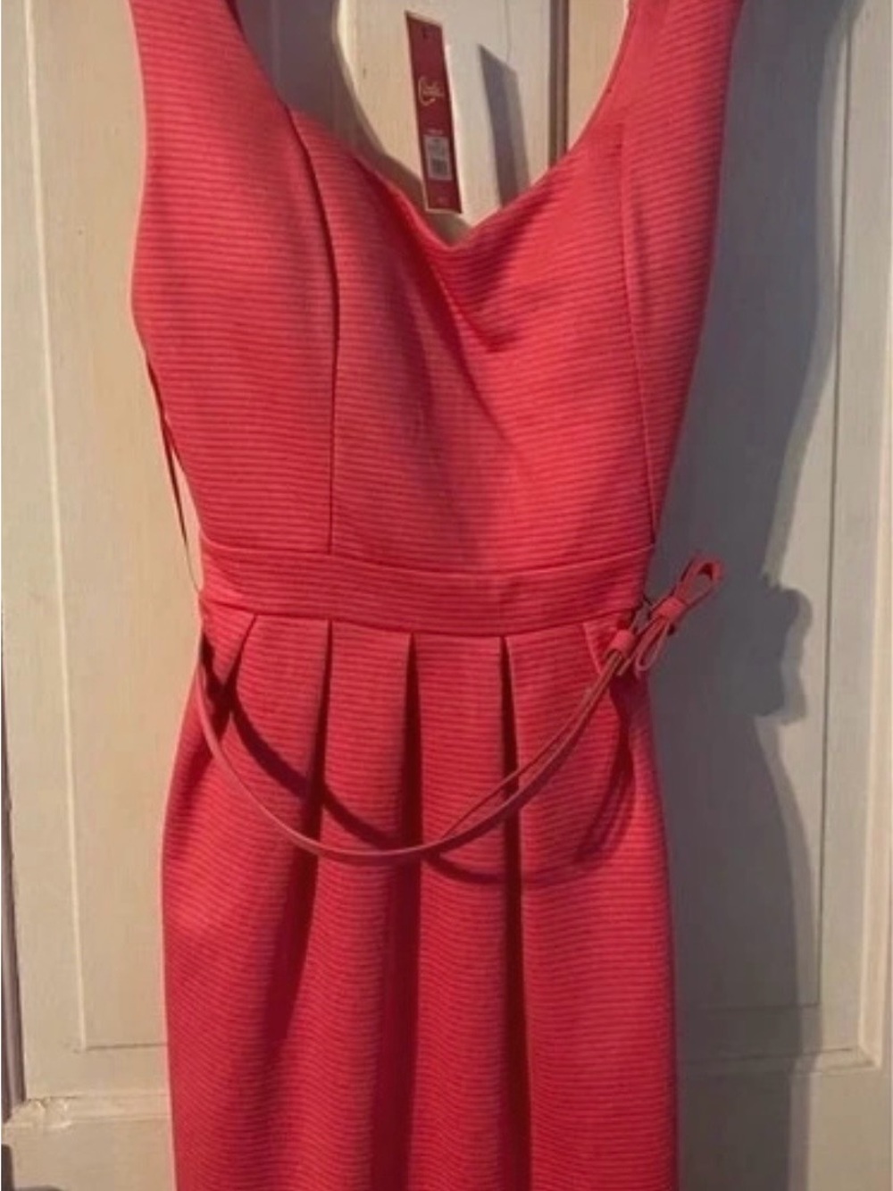Candie's Coral Pleated Midi Dress with Slim Waist Tie